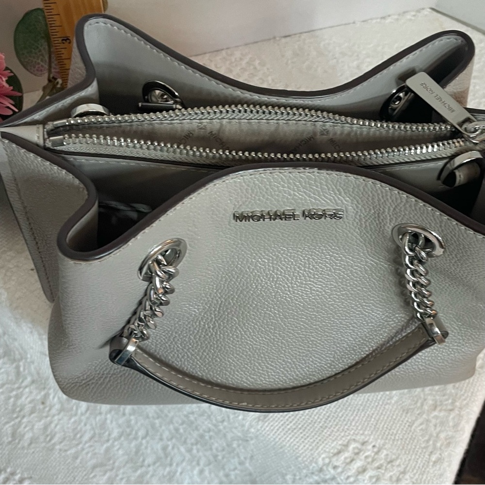 Michael Kors Small Teagan Messenger Tote Bag Silver Chain Handle~~Gray - Picture 2 of 12